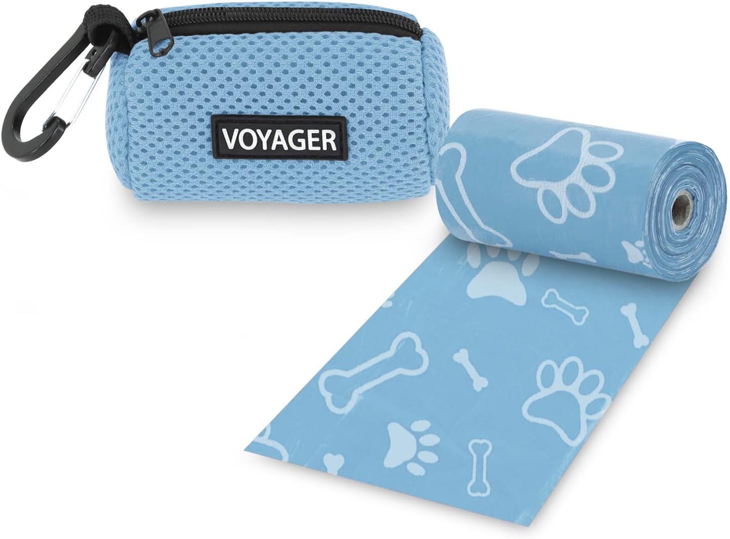 Voyager blue mesh poop bag holder with clip and paw print bag roll