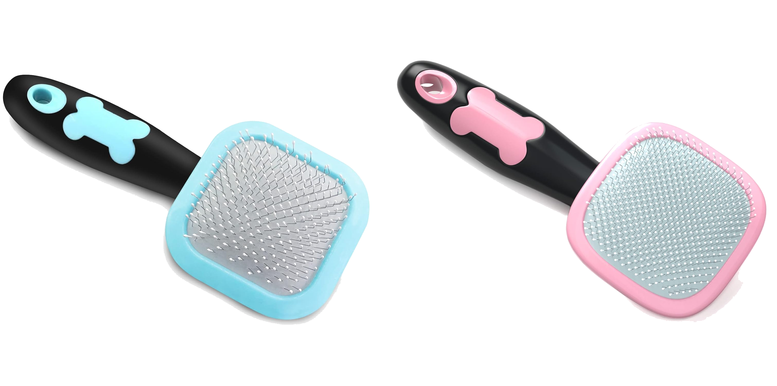 Slicker dog brush shown in pink and blue color options