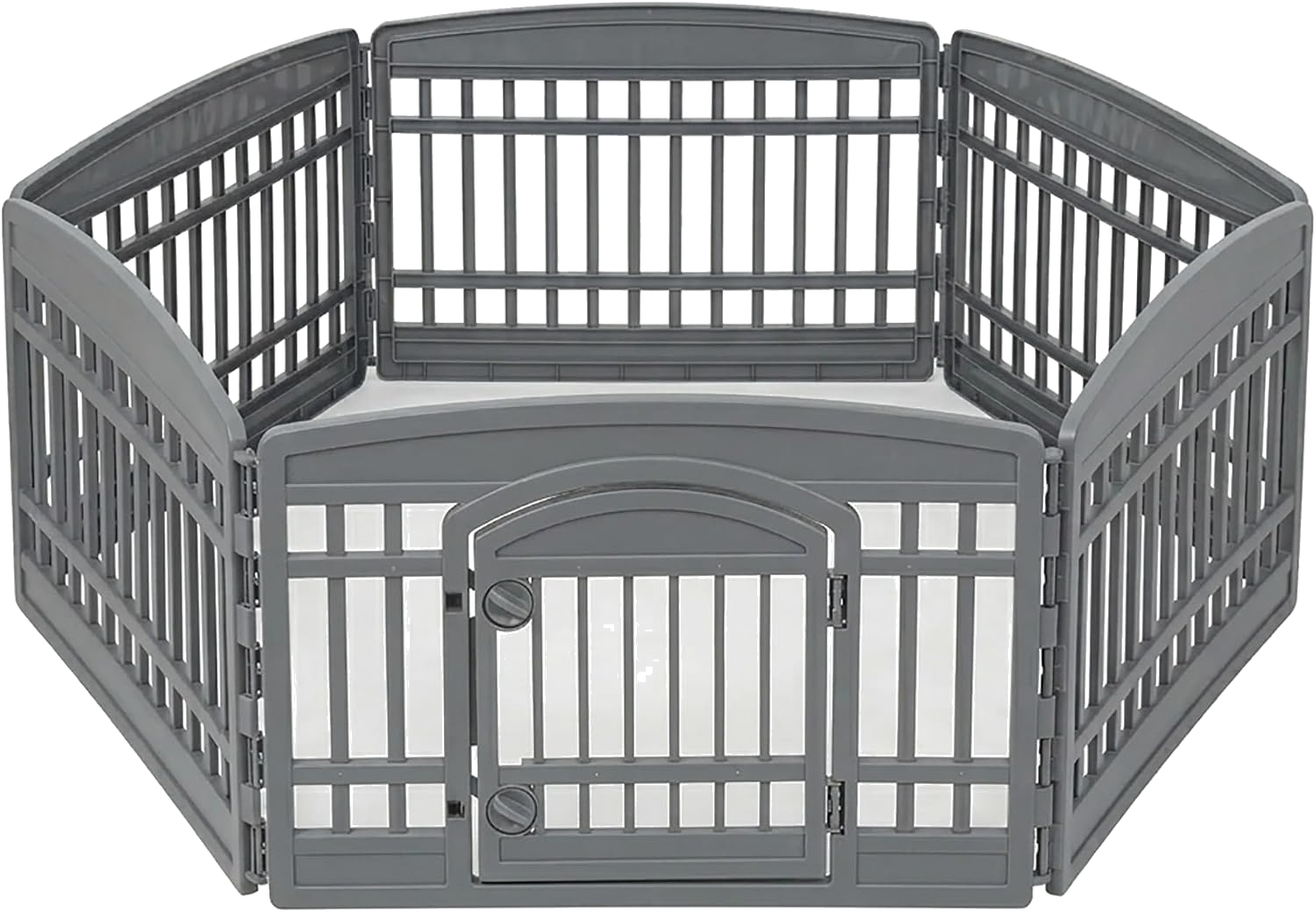 Grey plastic puppy playpen with gate