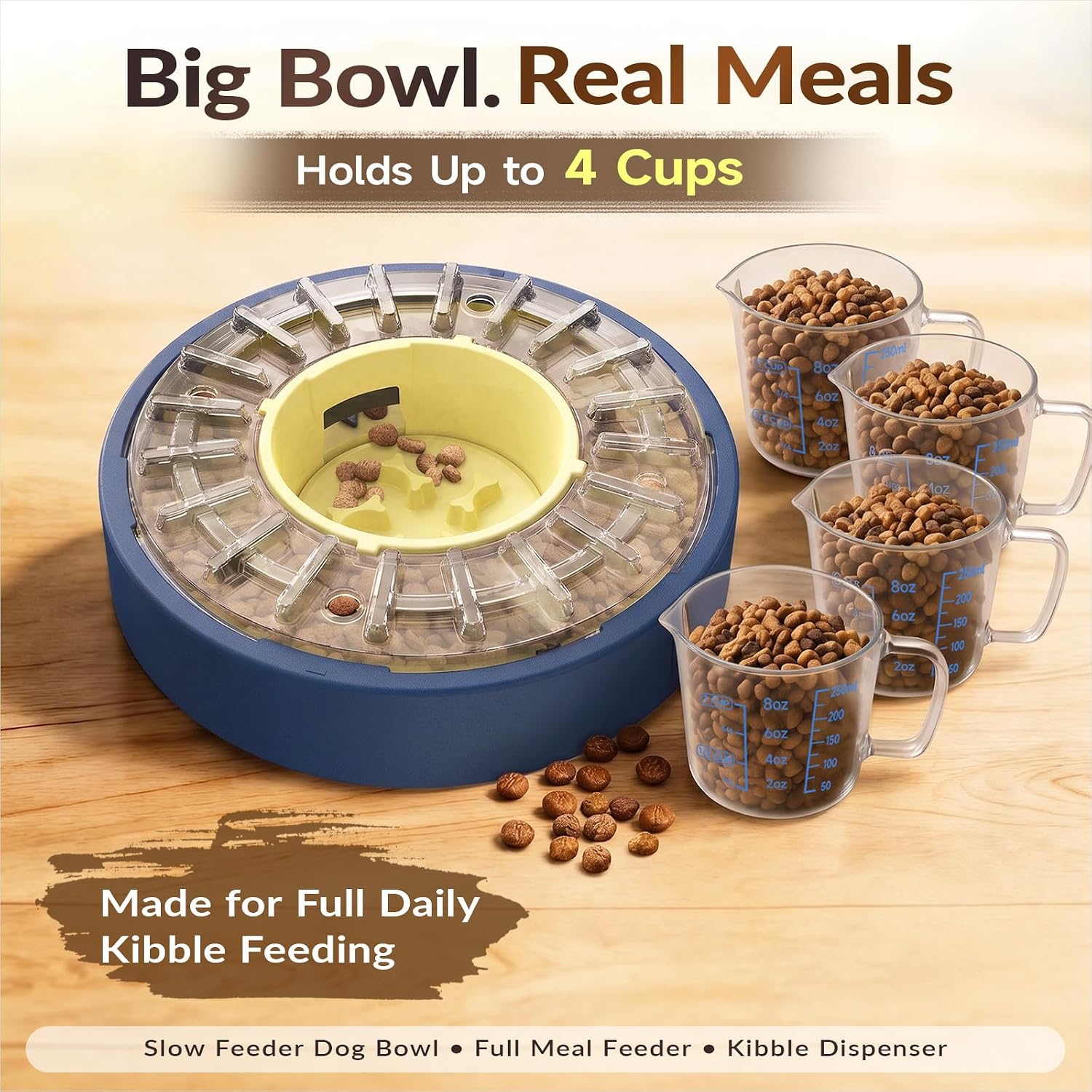 Puzzle feeder dog bowl that dispenses kibble slowly
