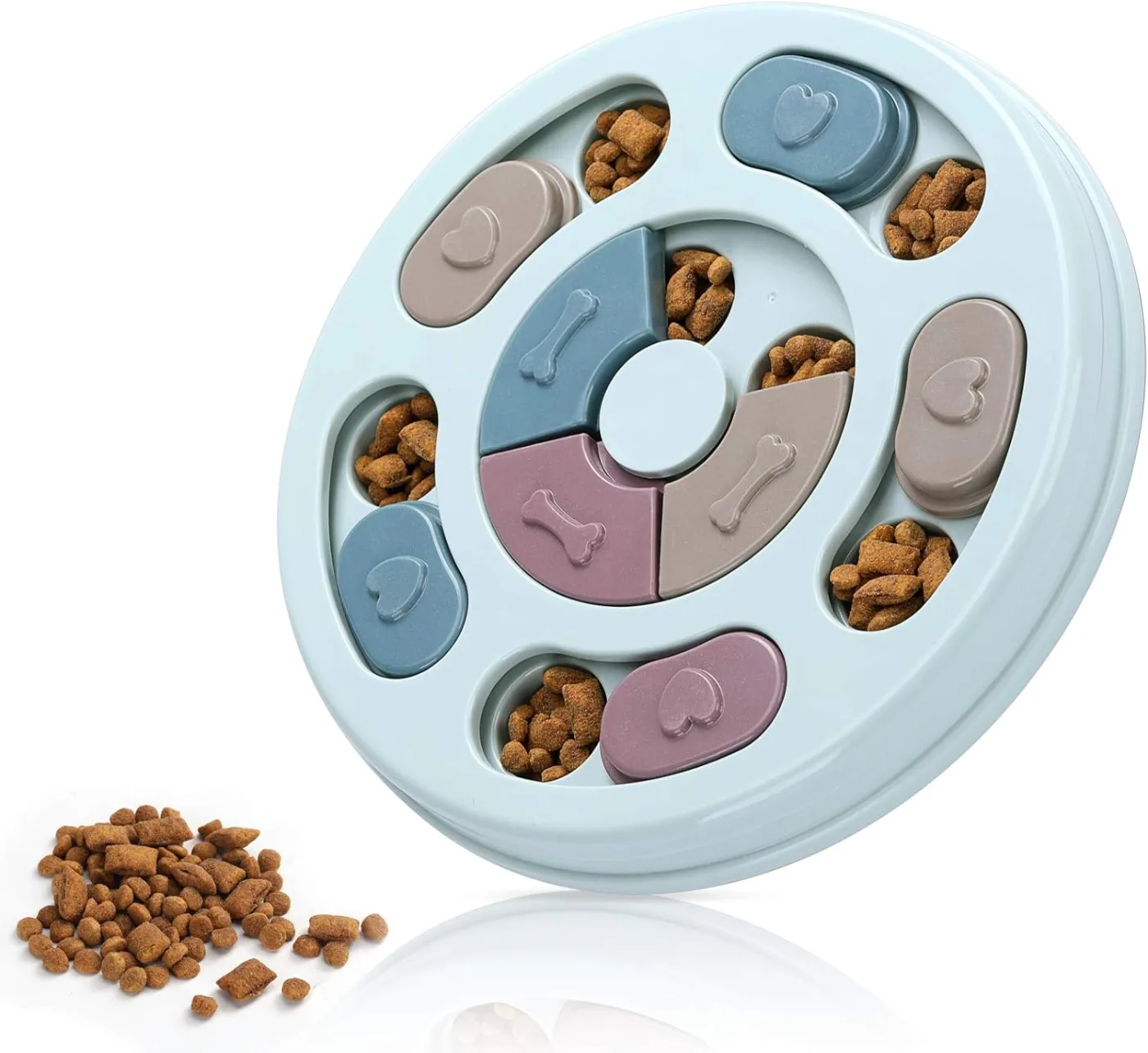 Dog food puzzle feeder — sliding and spinning compartments for mental enrichment