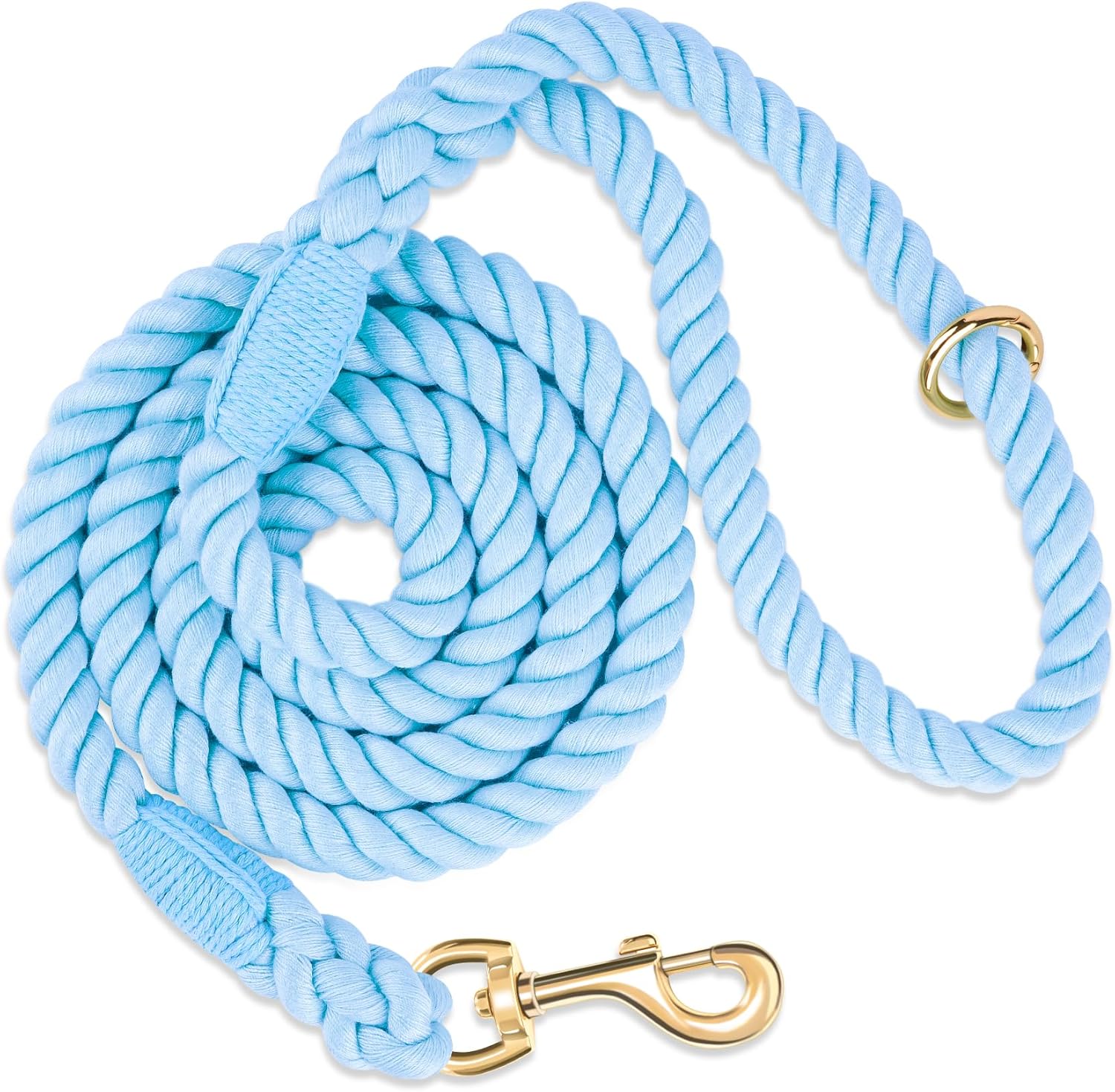 Light blue braided cotton rope dog leash with gold clasp