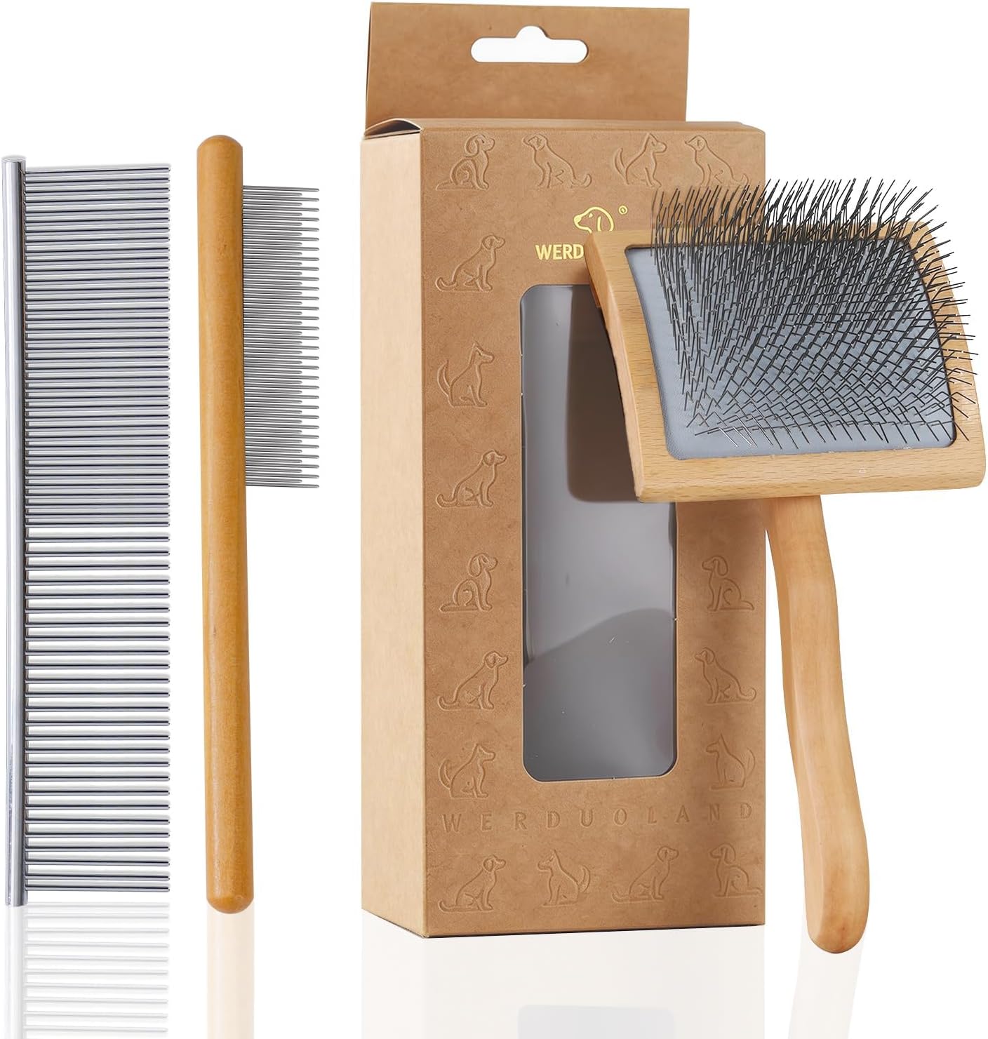 Wooden-handle long-pin slicker brush for long-haired dogs
