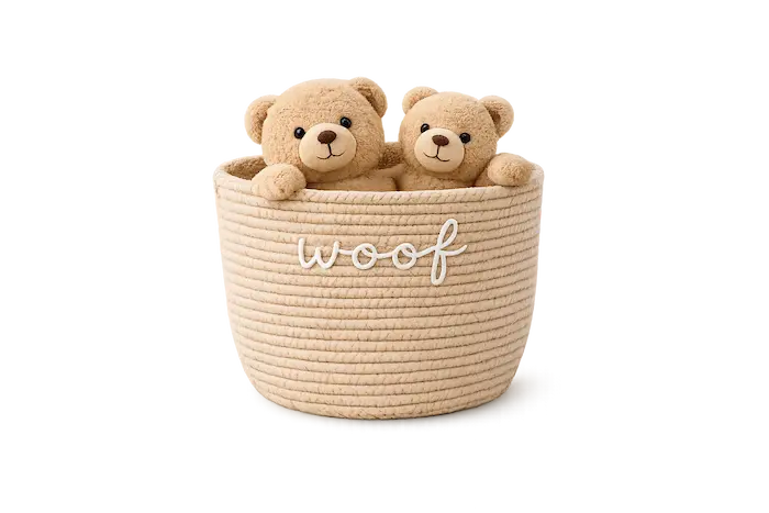 Woven toy basket with plush bears