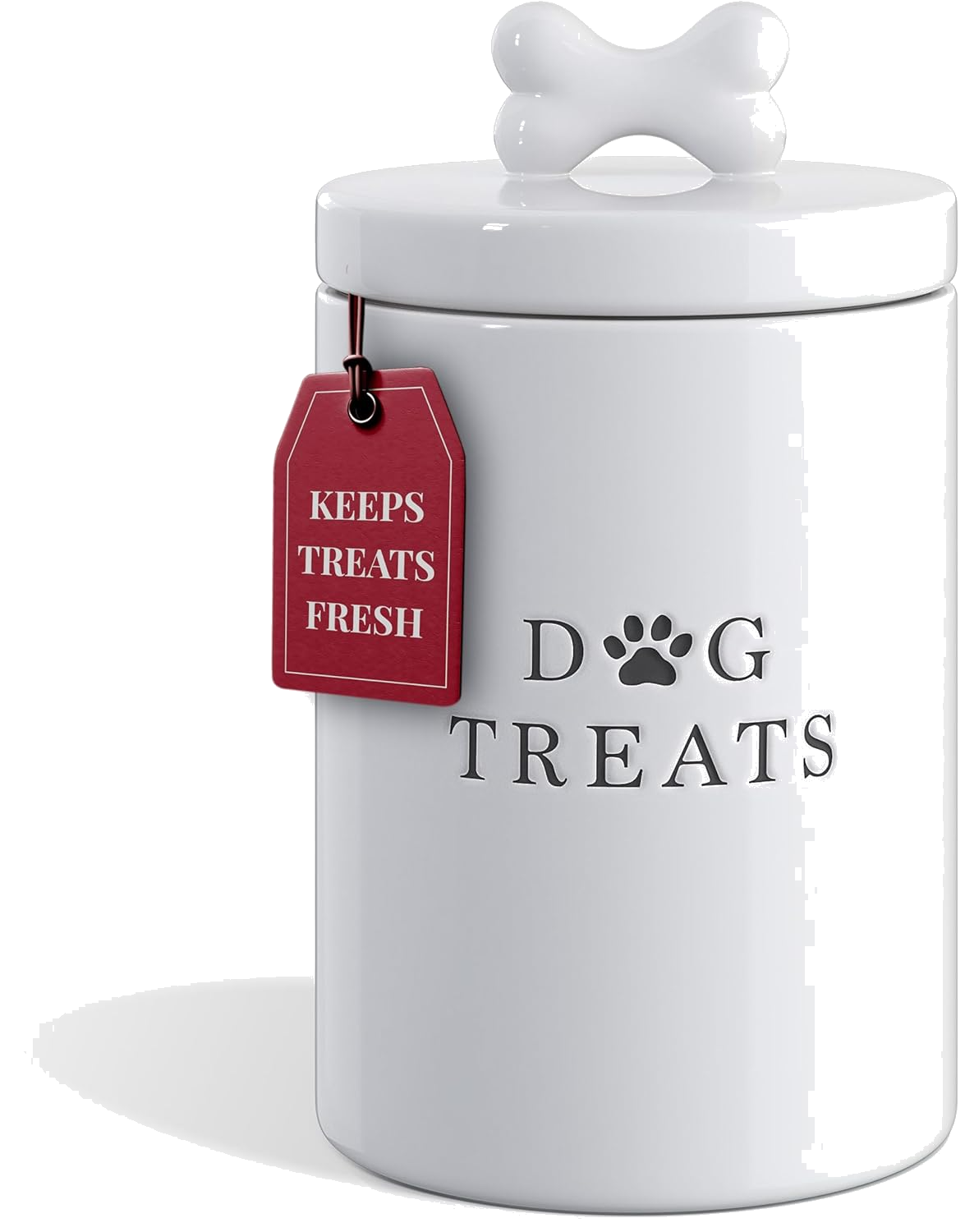 White ceramic dog treats jar with bone-shaped handle