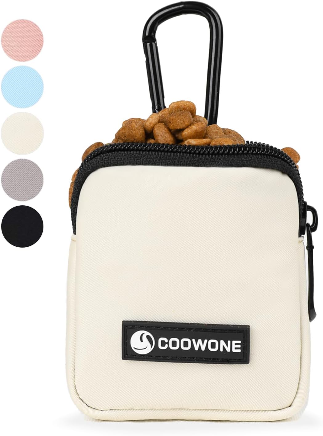 Coowone cream treat pouch with carabiner clip, filled with kibble