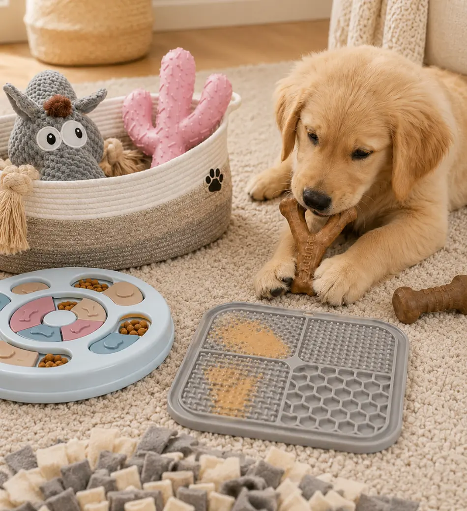 Golden retriever puppy chewing a bone beside a rope basket of toys, a puzzle feeder and a lick mat