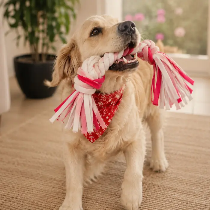 Lana the golden retriever playing with a rope toy