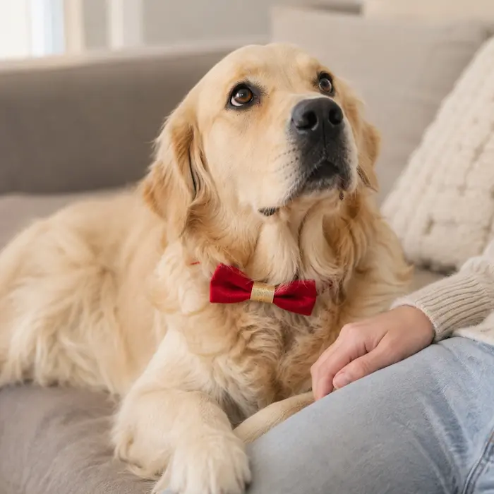 Lana the golden retriever resting close to her person on the couch