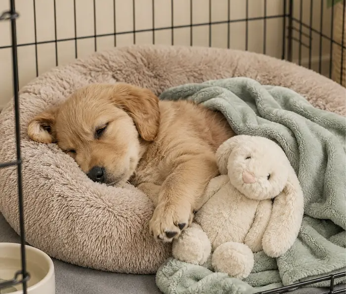Golden retriever puppy asleep in a crate bed with a sage blanket and a bunny comfort toy