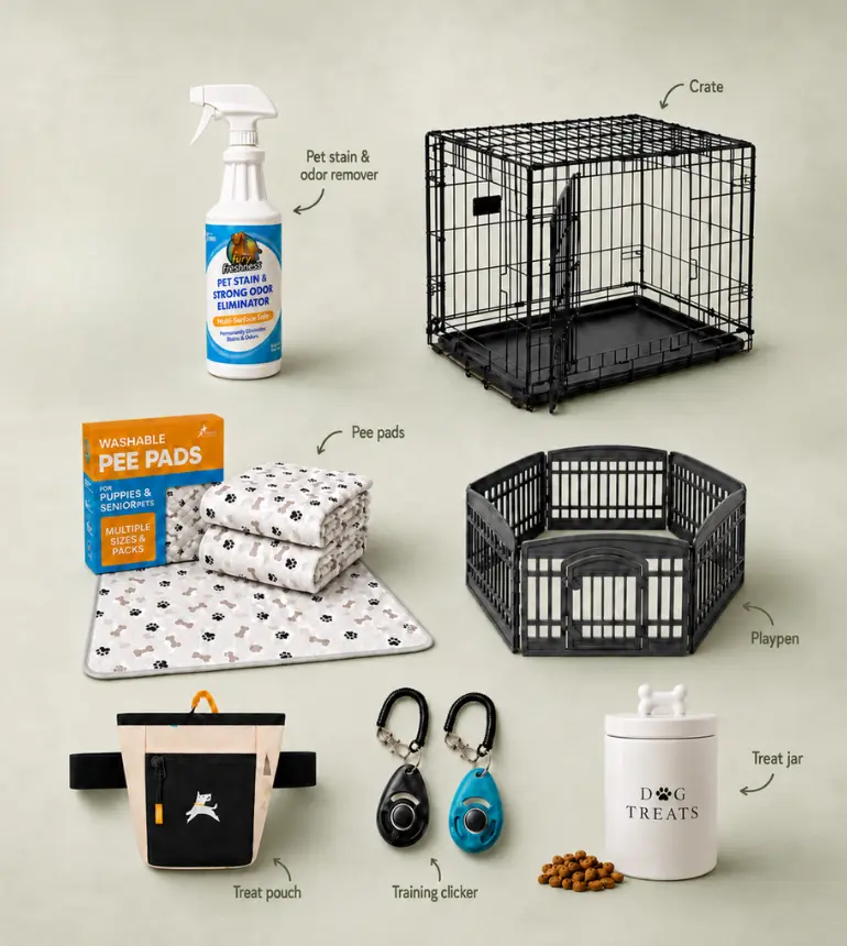 Puppy training essentials flat-lay: crate, playpen, pee pads, treat pouch, training clickers and treat jar