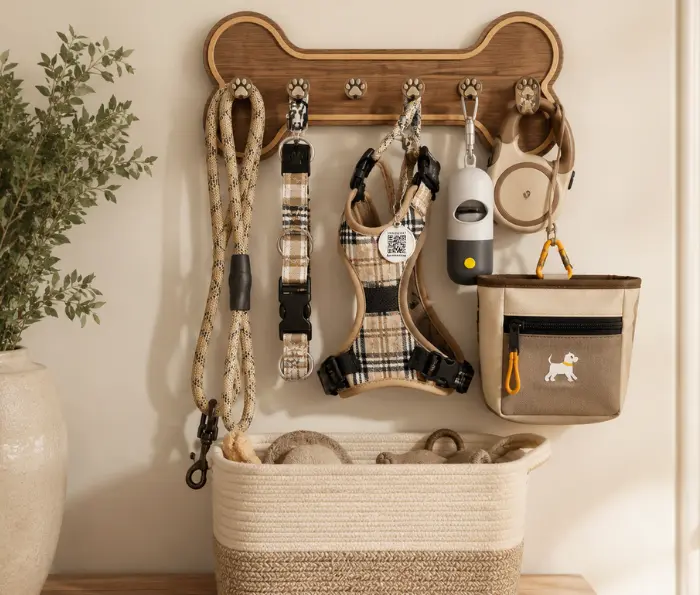 Golden retriever wearing a plaid harness beside a wall-mounted leash and collar rack, poop bag dispenser and treat pouch, with a woven storage basket